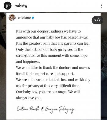 شاهد .. كريستيانو رونالدو يعلن وفاة طفله من جورجينا رودريغز بعد ولادته-بالصورة