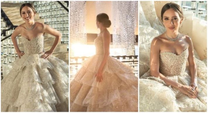 القمر ” جميلة عوض ” بفستان زفاف مفتوح – شاهد