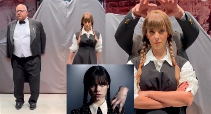 دنيا سمير غانم وبيومي فؤاد يؤديان رقصة Wednesday – شاهد