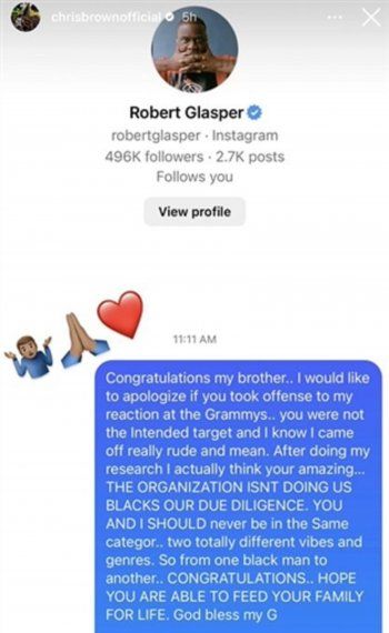 شاهد .. بعد ان أهان الفائز في غرومي..كريس براون يقدم إعتذاره