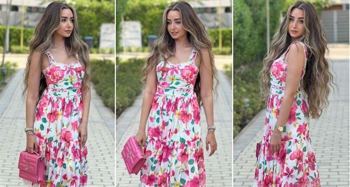 هنا الزاهد لبسة فستان كله ورد : اوعي تتخنقي