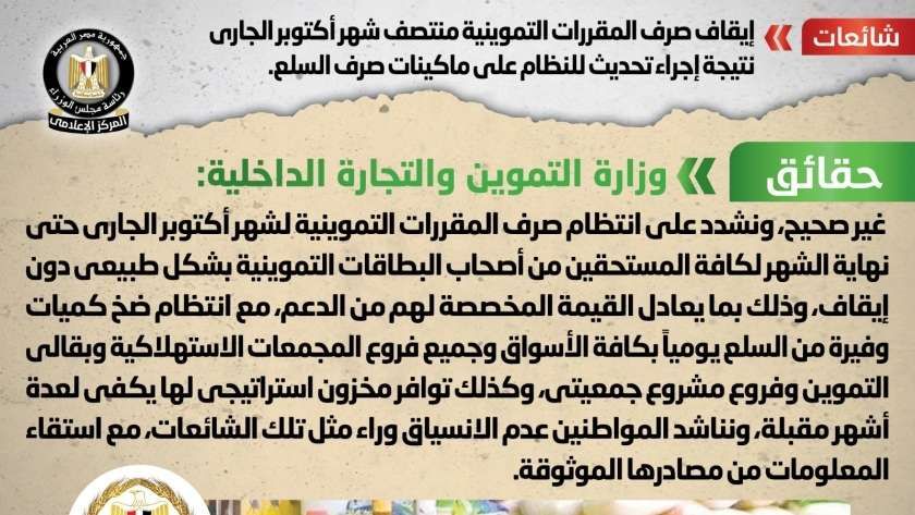 إيقاف صرف التموين منتصف أكتوبر.. الحكومة توضح