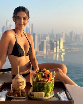 شاهد .. ماهلاغا جابري تكتسب السمرة بالبيكيني وناطحات سحاب دبي تبدو في الخلفية-بالصور