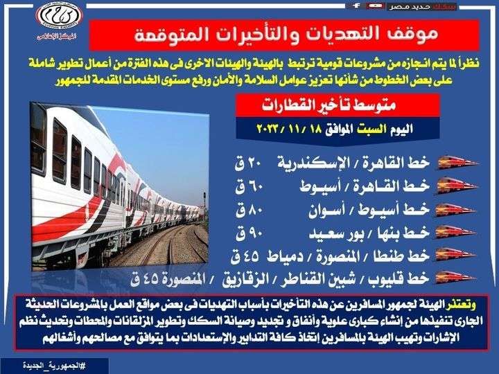 بيان بتأخر قطارات السكة الحديد اليوم