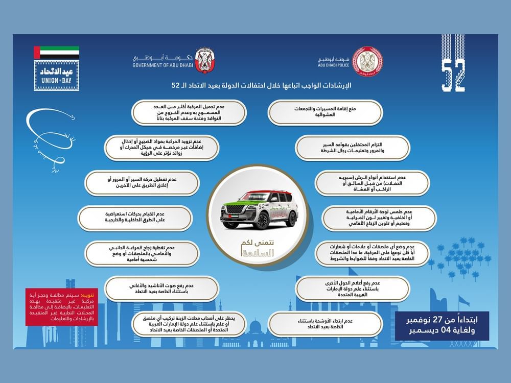 شرطة أبوظبي تحدد ضوابط الاحتفال وتزيين المركبات في عيد الاتحاد الـ52