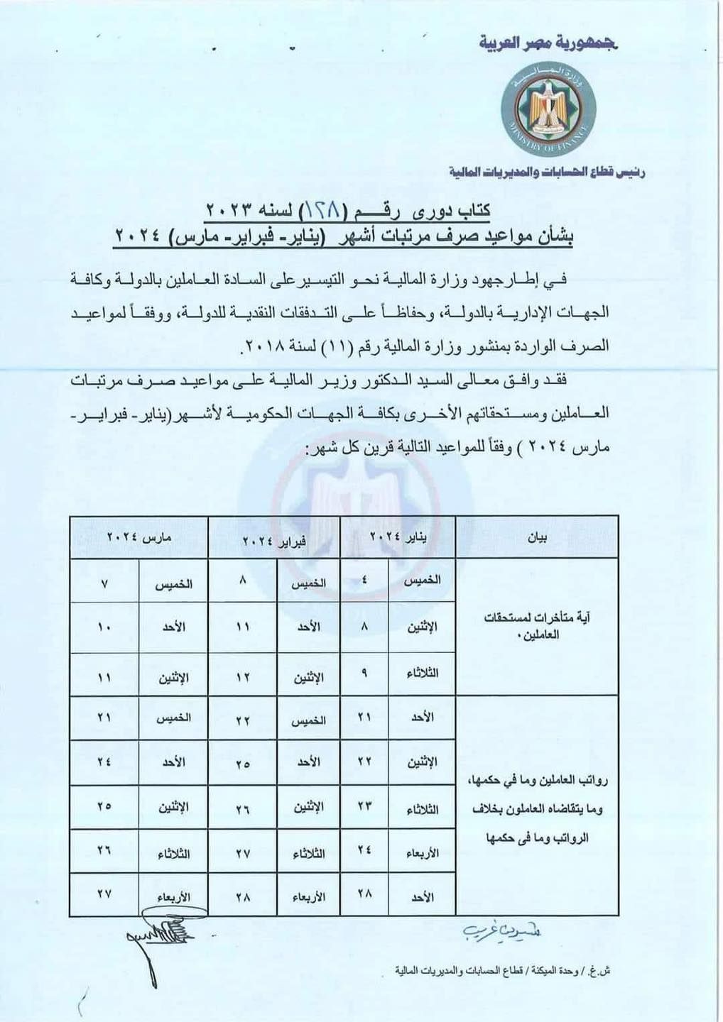 المالية تعلن مواعيد صرف مرتبات الموظفين في السنة الجديدة