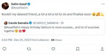 شاهد .. سليم عساف يرد على تهنئة كارول سماحة له بعيد ميلاده بالتشويق لعمل جديد-بالصورة