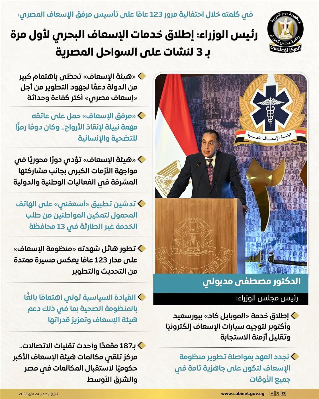 إطلاق «الإسعاف البحري» لأول مرة وتحديث شامل لمنظومة الطوارئ المصرية