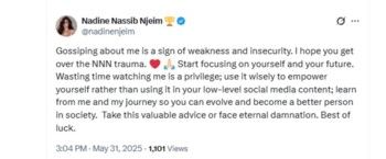 شاهد .. بعد تعرضها للنميمة .. نادين نسيب نجيم بتصريح صارم