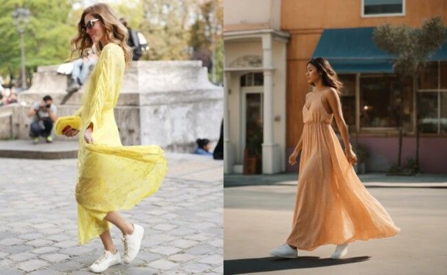 شاهد .. أنوثة مريحة وعلى الموضة.. دليلك لتنسيق الفستان مع الحذاء الرياضي