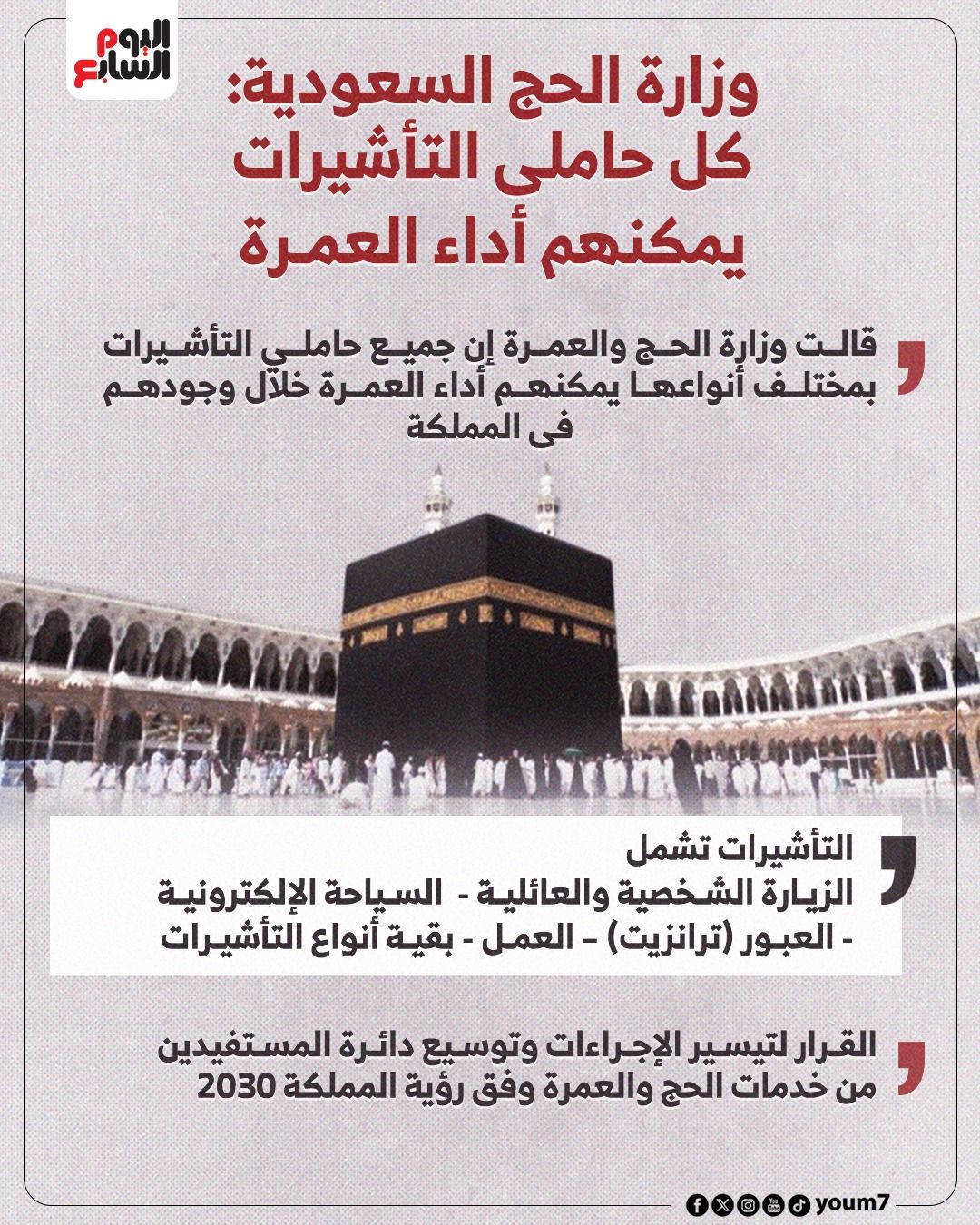 السعودية تتيح أداء العمرة لجميع حاملى التأشيرات.. انفوجراف