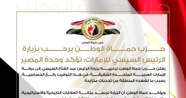 حزب حماة الوطن: زيارة الرئيس السيسي للإمارات تؤكد وحدة المصير العربي